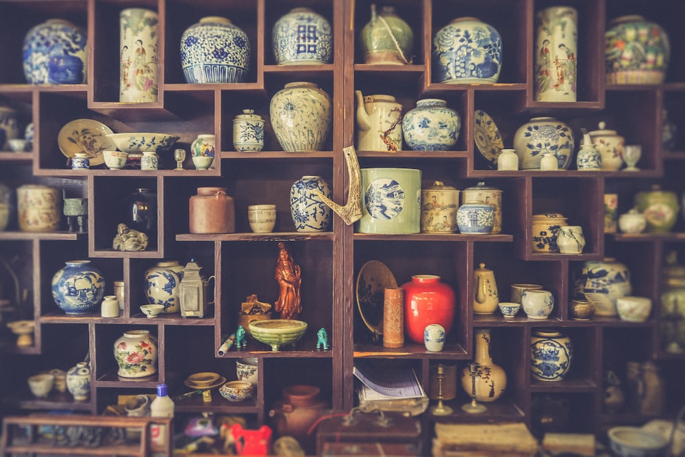 Wall of antique items and trinkets.