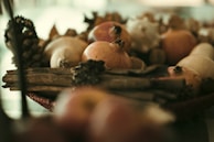 A close-up view of a basket containing various dried fruits and wooden objects. Pomegranates are prominently visible, surrounded by pinecones and other dried botanical elements.