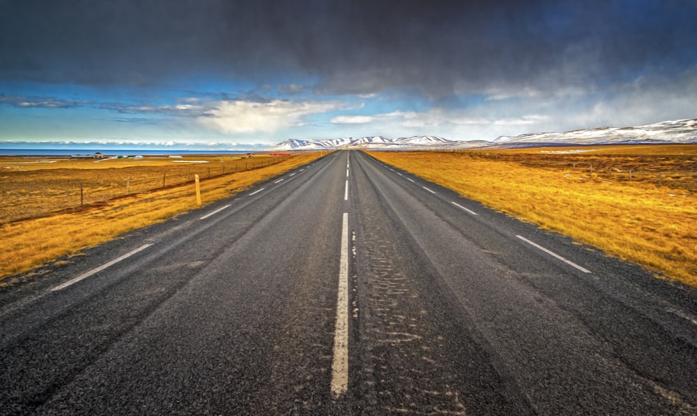 concrete road beside brown grass field