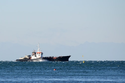 A large cargo ship sailing on a slightly choppy sea, with a distant mountain range visible under a clear sky. The ship appears to be moving steadily across the water, generating small waves along its sides.