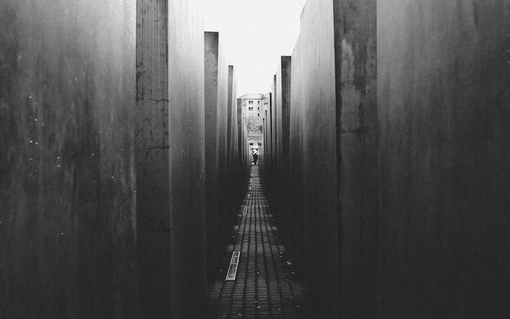 grayscale photo of alley