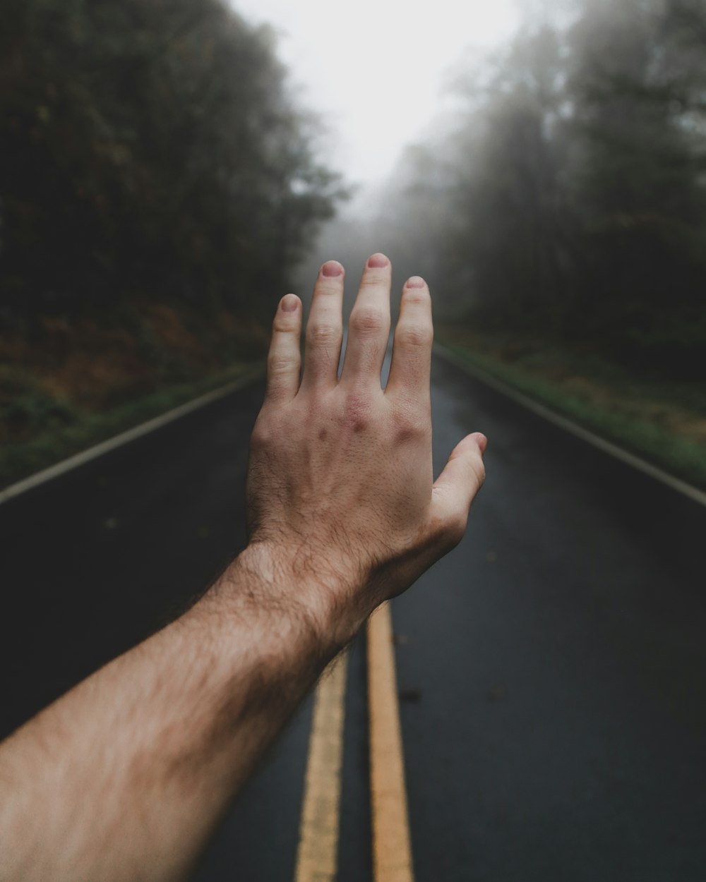 Linke menschliche Hand mitten auf der nebligen Straße