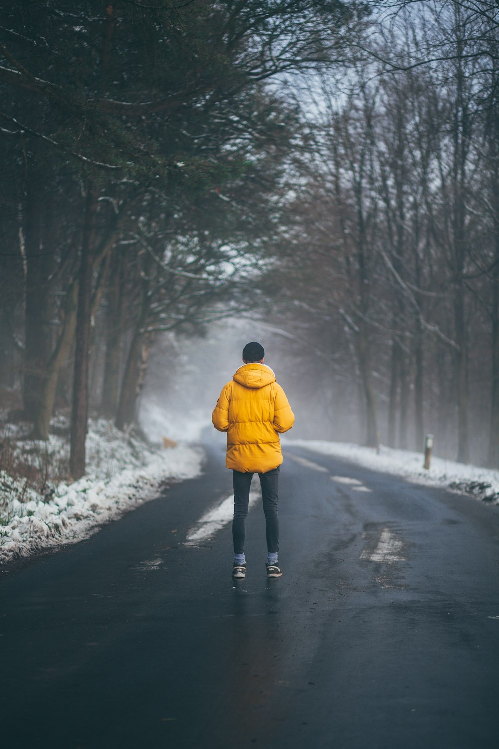 person walking towards trees