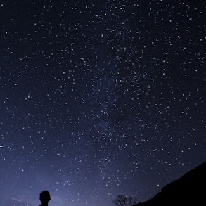 silhouette of man looking at milky way