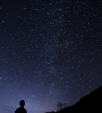 silhouette of man looking at milky way