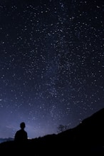 silhouette of man looking at milky way