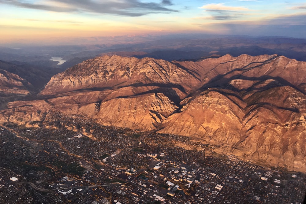 brown mountain in aerial view photography