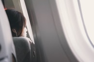 A traveler resting on a plane with a travel pillow around their neck.