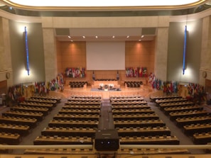 A large, formal conference room with numerous seats and desks organized in rows facing a central stage. The stage area is adorned with a large projection screen, and several microphones and symbols are present. Numerous international flags line the walls on either side of the stage. The room features warm lighting and a minimalist design with emphasis on functionality.