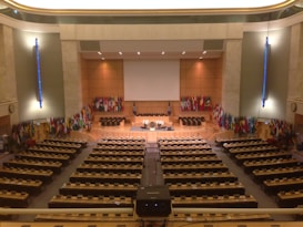 A large, formal conference room with numerous seats and desks organized in rows facing a central stage. The stage area is adorned with a large projection screen, and several microphones and symbols are present. Numerous international flags line the walls on either side of the stage. The room features warm lighting and a minimalist design with emphasis on functionality.