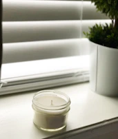 A belongco candle on a windowsill with morning sunlight streaming through green leaves.