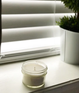 A belongco candle on a windowsill with morning sunlight streaming through green leaves.