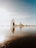 person standing in shallow body of water near boulders