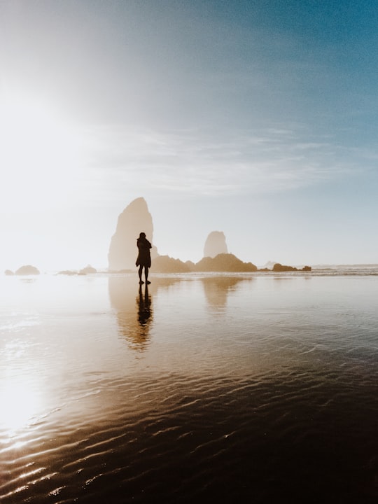 person standing in shallow body of water near boulders in Haystack Rock United States