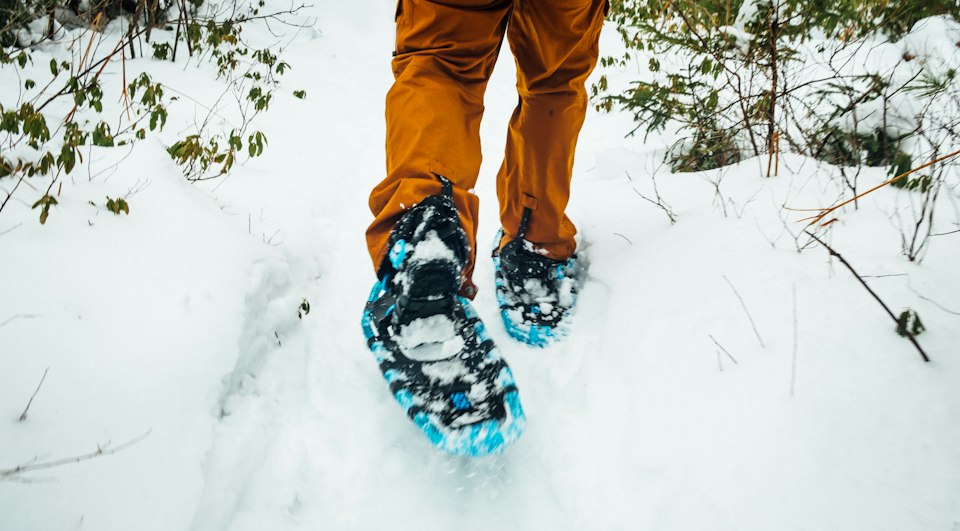A person wearing snowshoes walking through a snow-covered forest trail