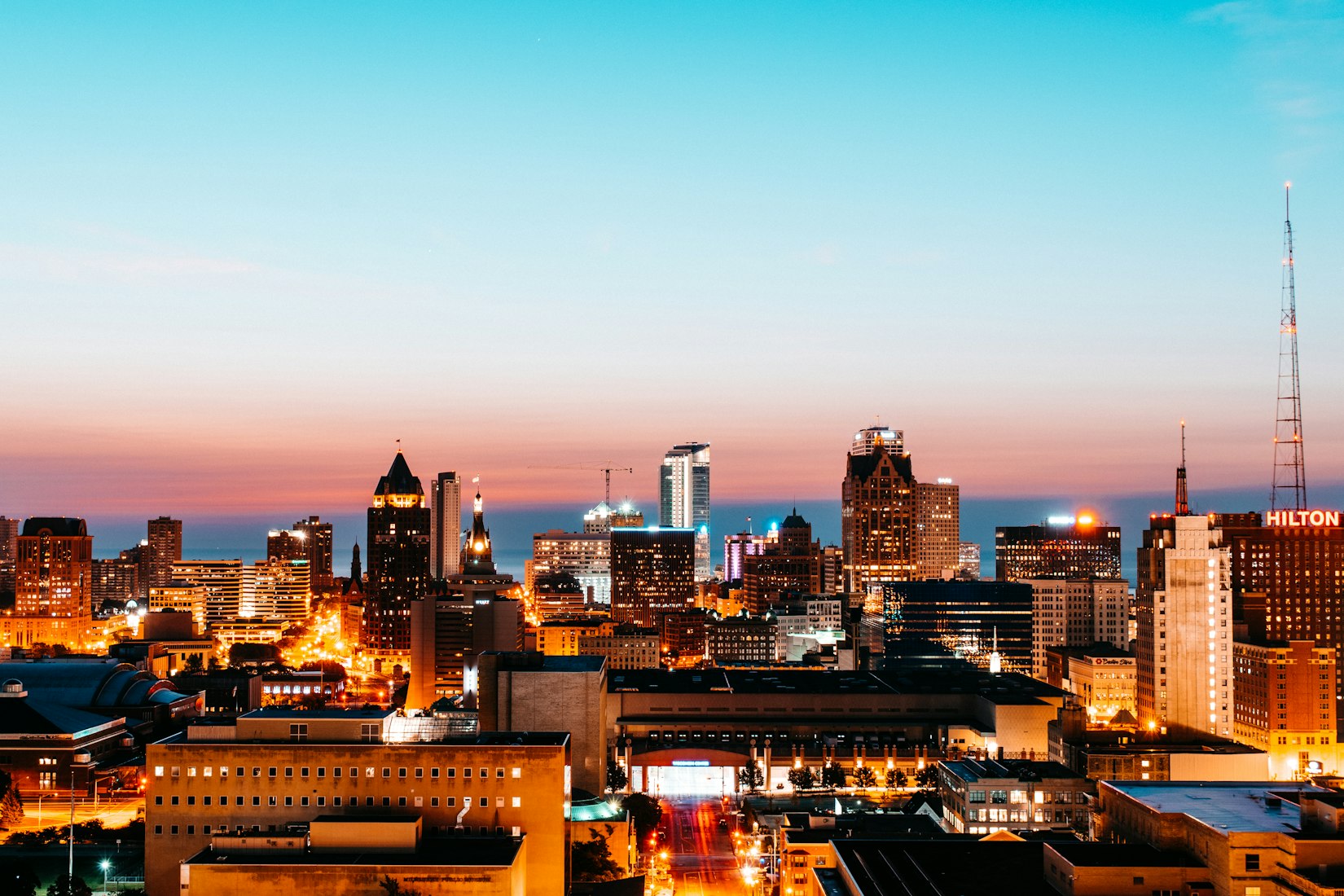 Milwaukee skyline at sunset