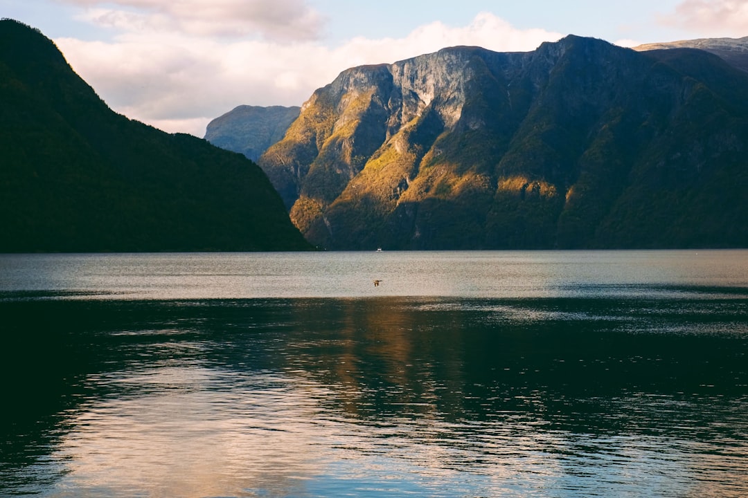 calm body of water and mountain