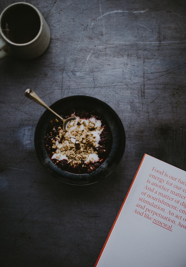 Top view of cereals in a bowl on table