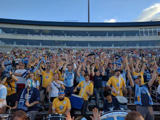 Fans wearing different national team jerseys cheering in a stadium