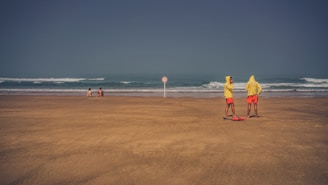 Two lifeguards wearing yellow jackets and orange shorts stand on a sandy beach, facing the sea with rescue equipment at their feet. In the distance, two people are sitting near the shoreline, observing the waves. The sky is overcast, creating a moody atmosphere.