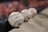 A row of official Major League Baseballs resting on a concrete surface, with the focus on the baseball closest to the viewer. The background is blurred, featuring a hint of orange color, possibly from a crowd or seats.