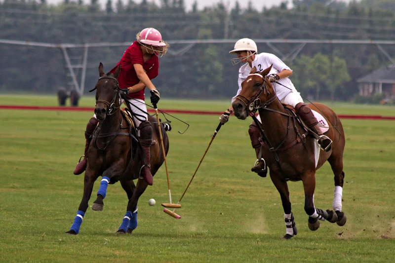 Two polo players battling for the ball at full gallop