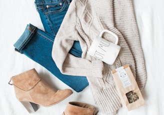 gray cardigan, blue jeans, and pair of brown chunky heeled shoes