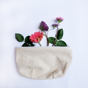 A soft pastel-toned flat lay of a blush pink coin pouch surrounded by delicate dried flowers.