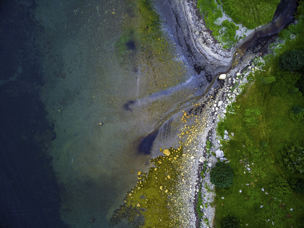 bird's eye view of plateau near body of water