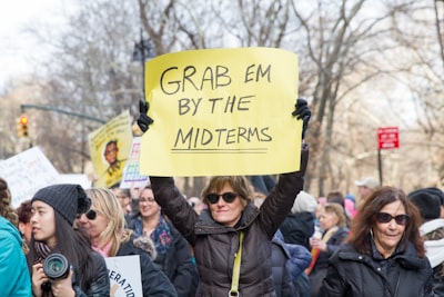 woman raise signage democrat teams background