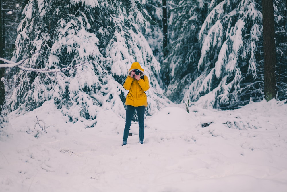 Persona parada cerca de un pino durante el invierno