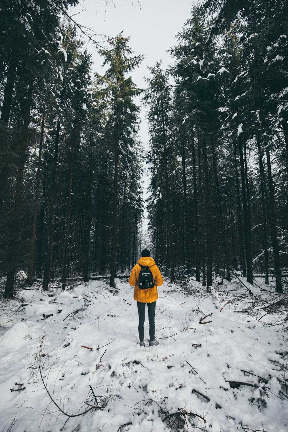 person standing on snow field while carrying black backpack