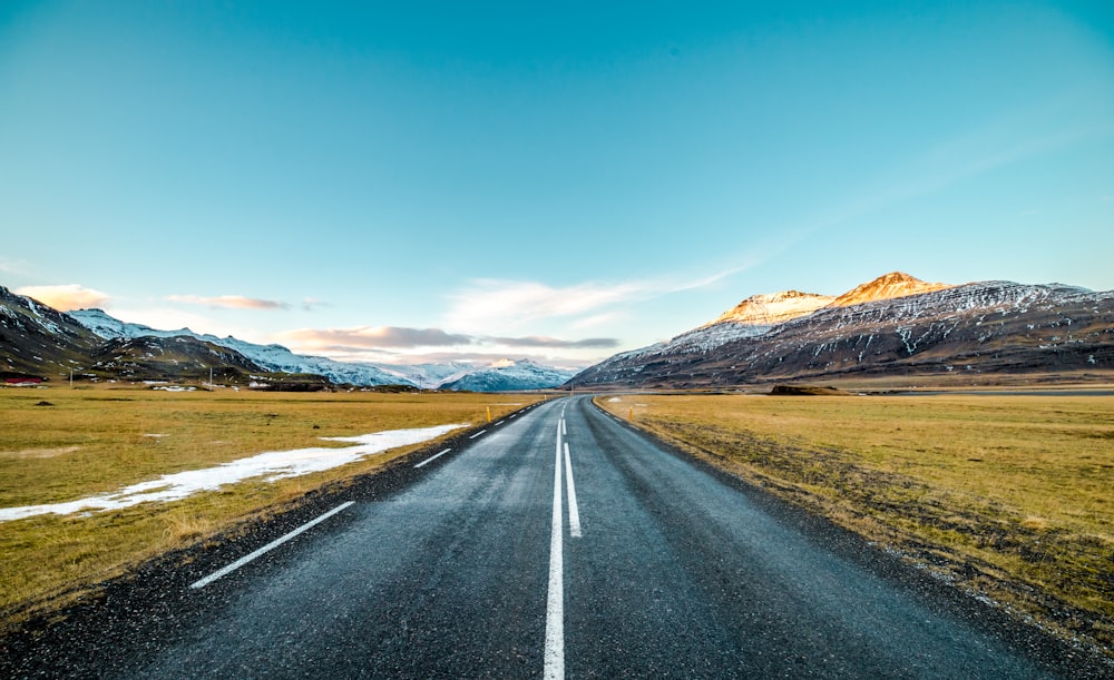 asphalt road surrounded by grass near mountains