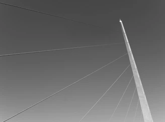 A stark, high-contrast editorial photo of a lone figure standing beneath a towering network of cables and data points, symbolizing the unseen systems shaping society.