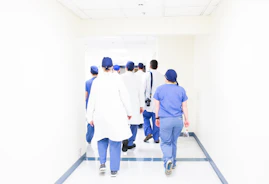 A team discussing safety workflows in a hospital.