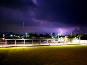 A dark night sky is illuminated by a vivid lightning strike near a backdrop of silhouetted trees and power lines. In the foreground, a fenced area with a carport or shelter is visible, highlighted by artificial lighting. The grass appears neatly mowed and stretches out towards the street lamps lining the unseen path.