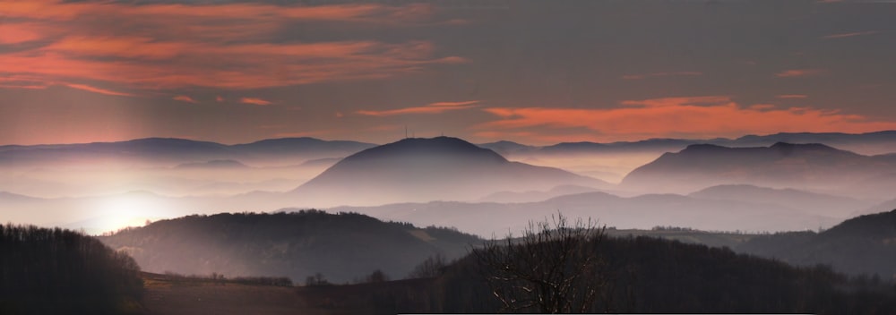 silhouette photo of mountains surrounded by fogs