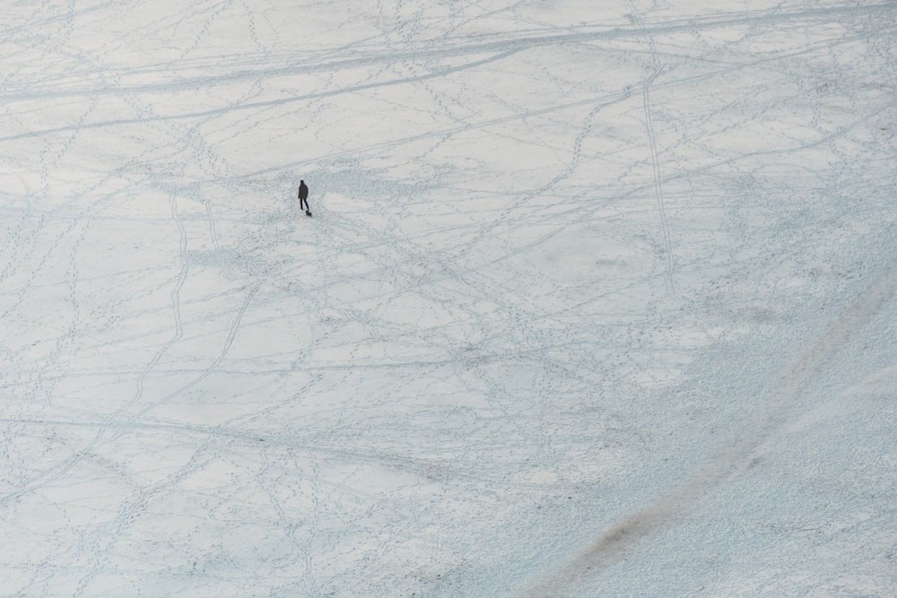 aerial view of person walking on snow covered ground