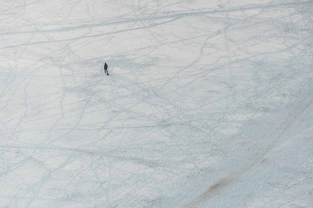 雪に覆われた地面を歩く人の空中写真