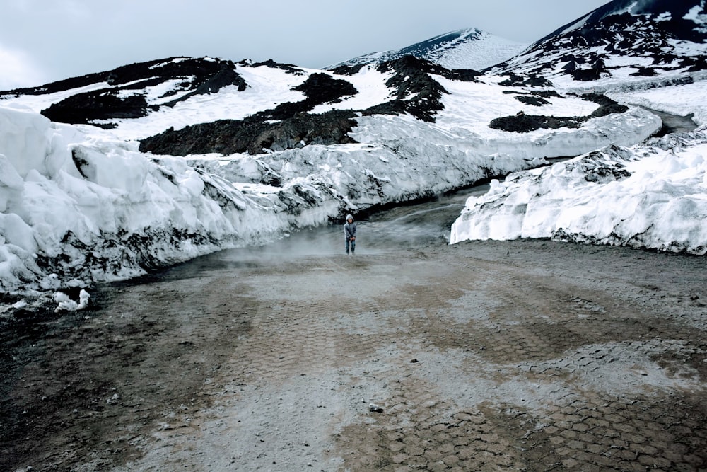Persona de pie cerca de la montaña de los casquetes nevados