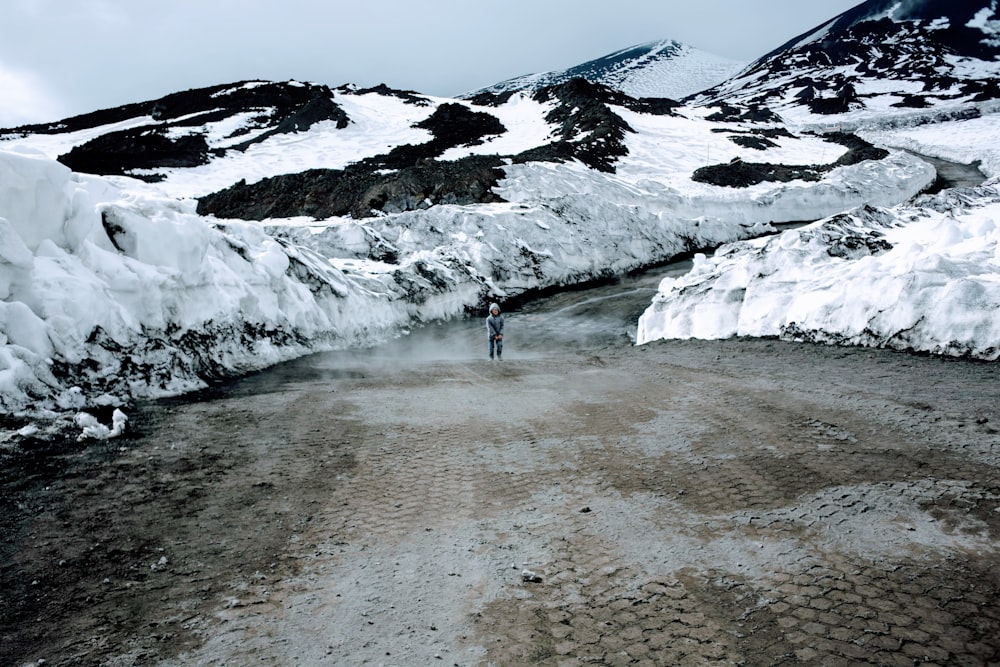 person standing near snow caps mountain