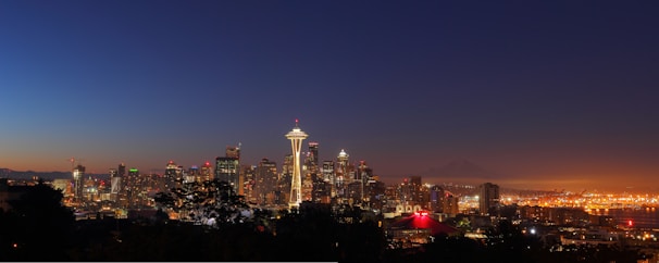 Panoramic view of a city skyline at dusk, highlighting high-rise buildings and twinkling lights.