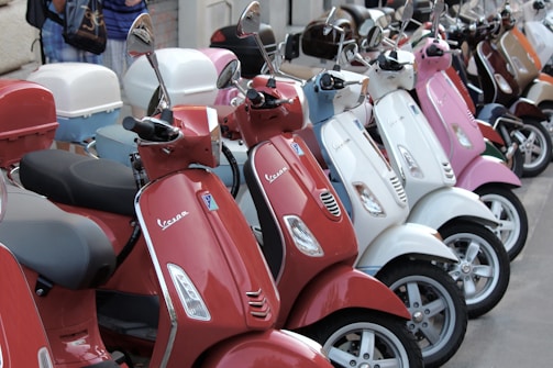 A group of scooters lined up at a scenic location.
