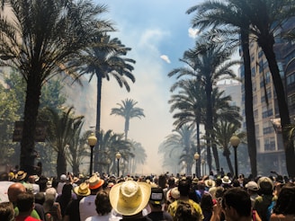 people standing on road between coconut palms surrounded by smoke