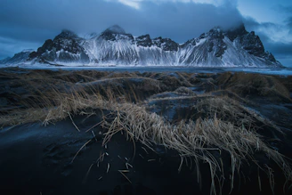 brown grass field in distance glacier mountain at daytime