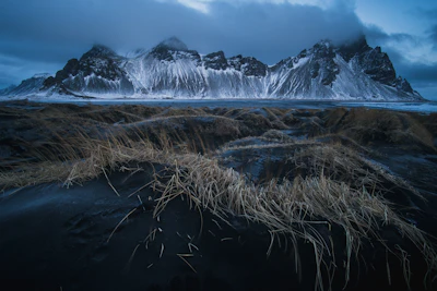 Vestrahorn in snow, seen across the dunes at Stokksnes near Höfn — Iceland