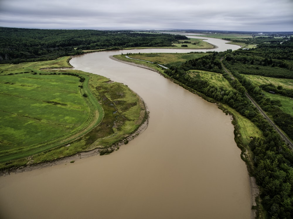 aerial photo of brown river between green grass field at daytime