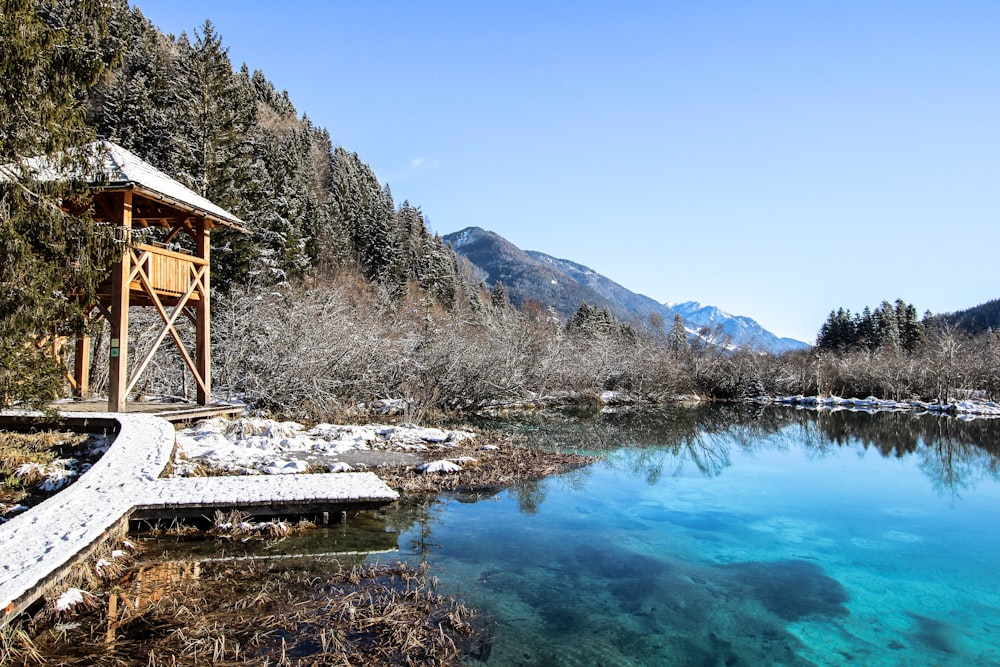 Cottage marrone vicino allo specchio d'acqua