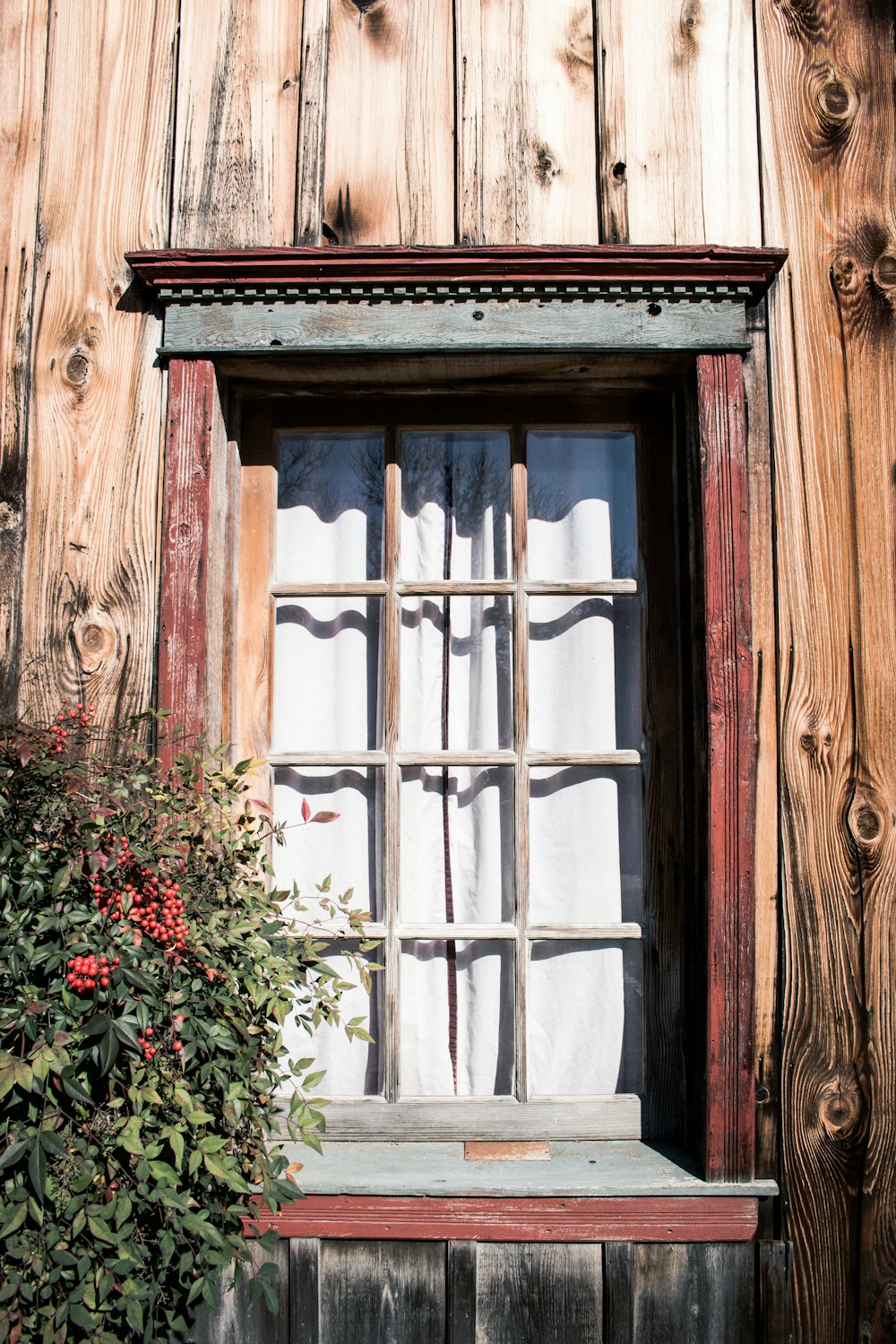 Cristal de ventana marrón de varios paneles cerca de las flores