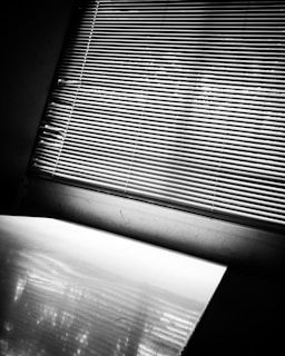Abstract black and white photo of shadows cast by window blinds on a textured wall.